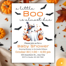 Load image into Gallery viewer, Editable A Little Boo Is Almost Due Baby Shower Invitation and E-vite Template | Halloween Baby Shower, Fall Baby Shower Invite ALBIAD001