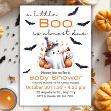 Load image into Gallery viewer, Editable A Little Boo Is Almost Due Baby Shower Invitation and E-vite Template | Halloween Baby Shower, Fall Baby Shower Invite ALBIAD001