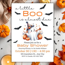 Load image into Gallery viewer, Editable A Little Boo Is Almost Due Baby Shower Invitation and E-vite Template | Halloween Baby Shower, Fall Baby Shower Invite ALBIAD001