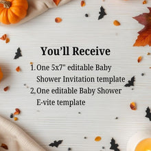 Load image into Gallery viewer, Editable A Little Boo Is Almost Due Baby Shower Invitation and E-vite Template | Halloween Baby Shower, Fall Baby Shower Invite ALBIAD001