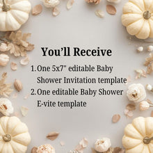 Load image into Gallery viewer, Editable Fall Watercolor Pumpkin is on the way Baby Shower Invitation | Fall Baby Shower Invitation Template | Fall Sprinkle Shower | Baby Shower E-vite FWP001