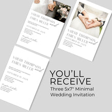 Load image into Gallery viewer, Printable Minimal Wedding Invitation Card, Details Card Template, RSVP Card with QR code, Canva Wedding Invitations Template - MW01