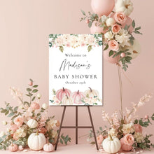 Load image into Gallery viewer, Editable Welcome Sign for Baby Shower Pink Watercolor Pumpkin | Welcome to Baby Shower Sign Template | Welcome Sign Baby Shower Girl | Fall Baby Shower Welcome Sign PWP001