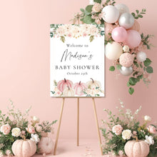 Load image into Gallery viewer, Editable Welcome Sign for Baby Shower Pink Watercolor Pumpkin | Welcome to Baby Shower Sign Template | Welcome Sign Baby Shower Girl | Fall Baby Shower Welcome Sign PWP001