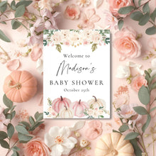 Load image into Gallery viewer, Editable Welcome Sign for Baby Shower Pink Watercolor Pumpkin | Welcome to Baby Shower Sign Template | Welcome Sign Baby Shower Girl | Fall Baby Shower Welcome Sign PWP001