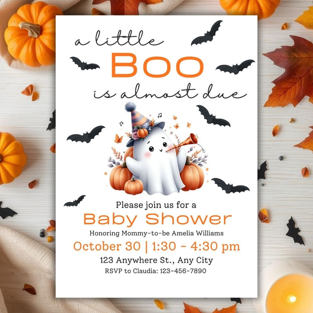 Editable A Little Boo Is Almost Due Baby Shower Invitation and E-vite Template | Halloween Baby Shower, Fall Baby Shower Invite ALBIAD001