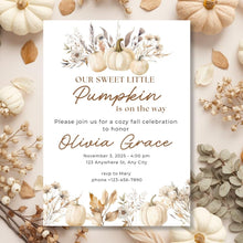 Load image into Gallery viewer, Editable Fall Watercolor Pumpkin is on the way Baby Shower Invitation | Fall Baby Shower Invitation Template | Fall Sprinkle Shower | Baby Shower E-vite FWP001
