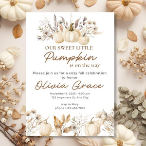 Editable Fall Watercolor Pumpkin is on the way Baby Shower Invitation | Fall Baby Shower Invitation Template | Fall Sprinkle Shower | Baby Shower E-vite FWP001