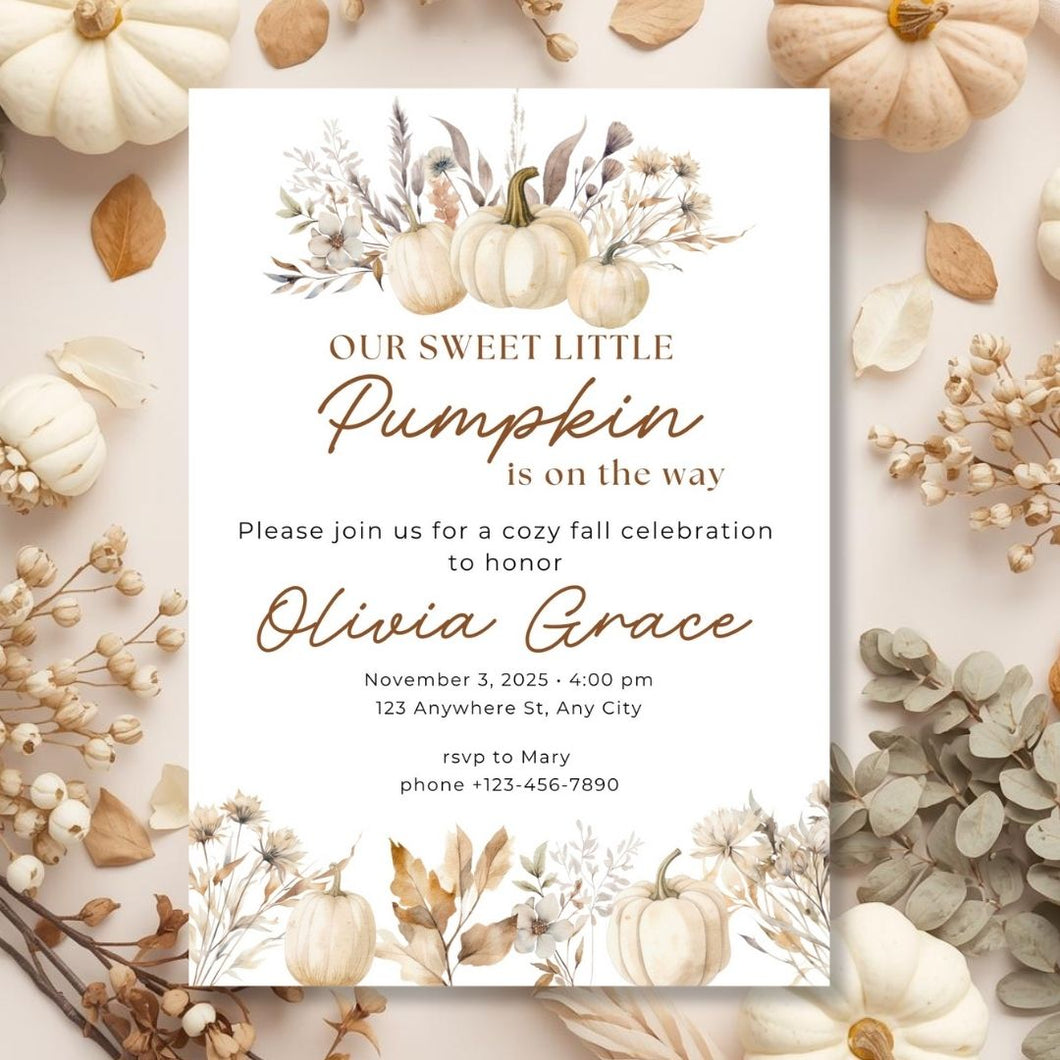 Editable Fall Watercolor Pumpkin is on the way Baby Shower Invitation | Fall Baby Shower Invitation Template | Fall Sprinkle Shower | Baby Shower E-vite FWP001