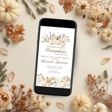 Load image into Gallery viewer, Editable Fall Watercolor Pumpkin is on the way Baby Shower Invitation | Fall Baby Shower Invitation Template | Fall Sprinkle Shower | Baby Shower E-vite FWP001
