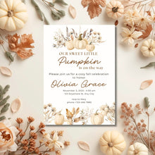 Load image into Gallery viewer, Editable Fall Watercolor Pumpkin is on the way Baby Shower Invitation | Fall Baby Shower Invitation Template | Fall Sprinkle Shower | Baby Shower E-vite FWP001
