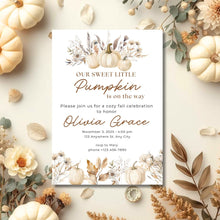 Load image into Gallery viewer, Editable Fall Watercolor Pumpkin is on the way Baby Shower Invitation | Fall Baby Shower Invitation Template | Fall Sprinkle Shower | Baby Shower E-vite FWP001
