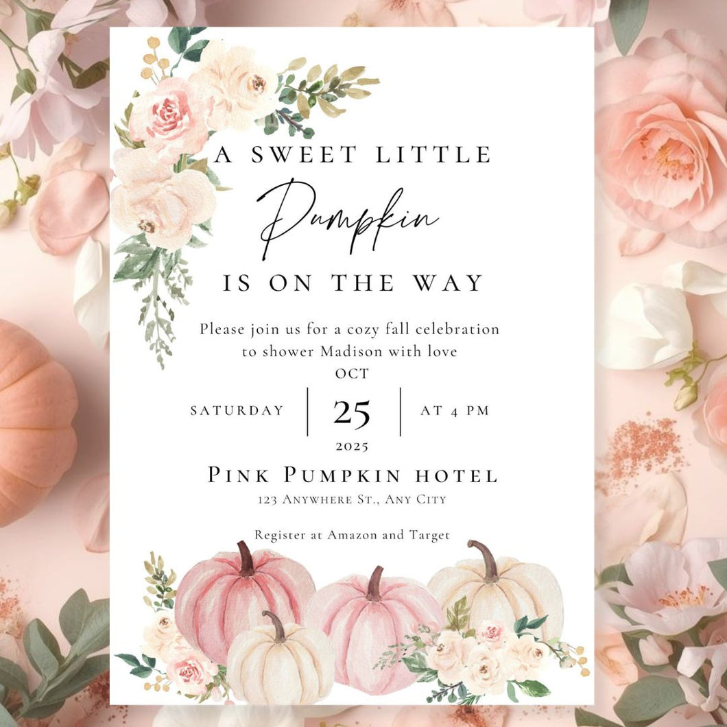 Editable Pumpkin is on the way Pink Baby Shower Invitation | Fall Baby Shower Invite | Fall Sprinkle Shower Girl | Baby Shower E-vite PWP001