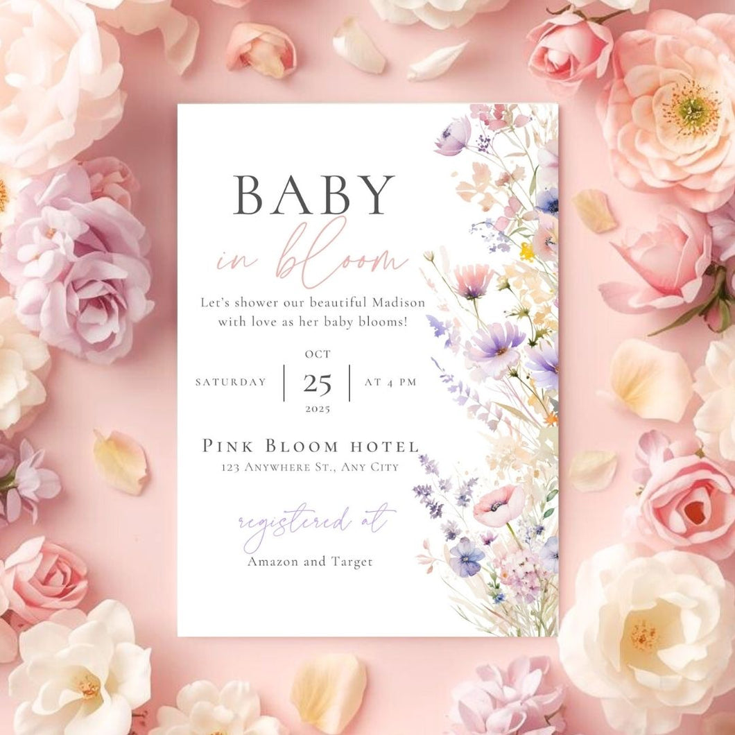 Editable Baby in Bloom Invitations Baby Shower | Wildflower Baby Shower Invitation Template | Wildflower Invite Girl | Baby Shower E-vite BIB001
