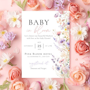 Editable Baby in Bloom Invitations Baby Shower | Wildflower Baby Shower Invitation Template | Wildflower Invite Girl | Baby Shower E-vite BIB001