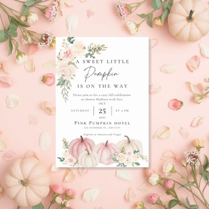 Pumpkin is on the way Pink Baby Shower Invitation | Fall Baby Shower Invite | Fall Sprinkle Shower Girl | Baby Shower E-vite PWP001