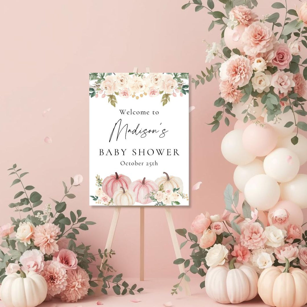 Welcome Sign for Baby Shower Pink Watercolor Pumpkin | Welcome to Baby Shower Sign | Welcome Sign Baby Shower Girl | Fall Baby Shower Welcome Sign PWP001
